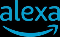 The Alexa logo features the name "Alexa" in lowercase letters, written in light blue. A curved arrow, resembling a smile, connects the first and last "a" in the name, mirroring the Amazon logo style. The logo creates a friendly appearance, so everyone can be comfortable using Alexa.