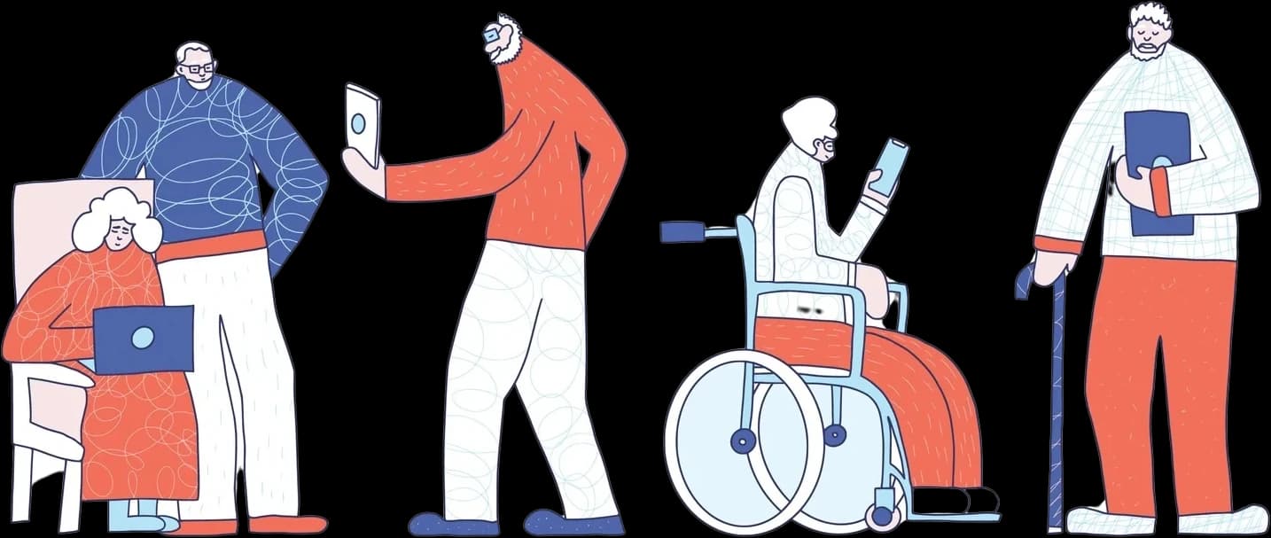 A diverse group of five people interacting with technology. From left to right: a woman sitting and operating a laptop, a man standing next to her, an elderly man walking while using an iPad, a man in a wheelchair using his phone, and an elderly man standing with a walking stick while holding an iPad. This image showcases inclusivity and the varied ways people engage with digital devices.