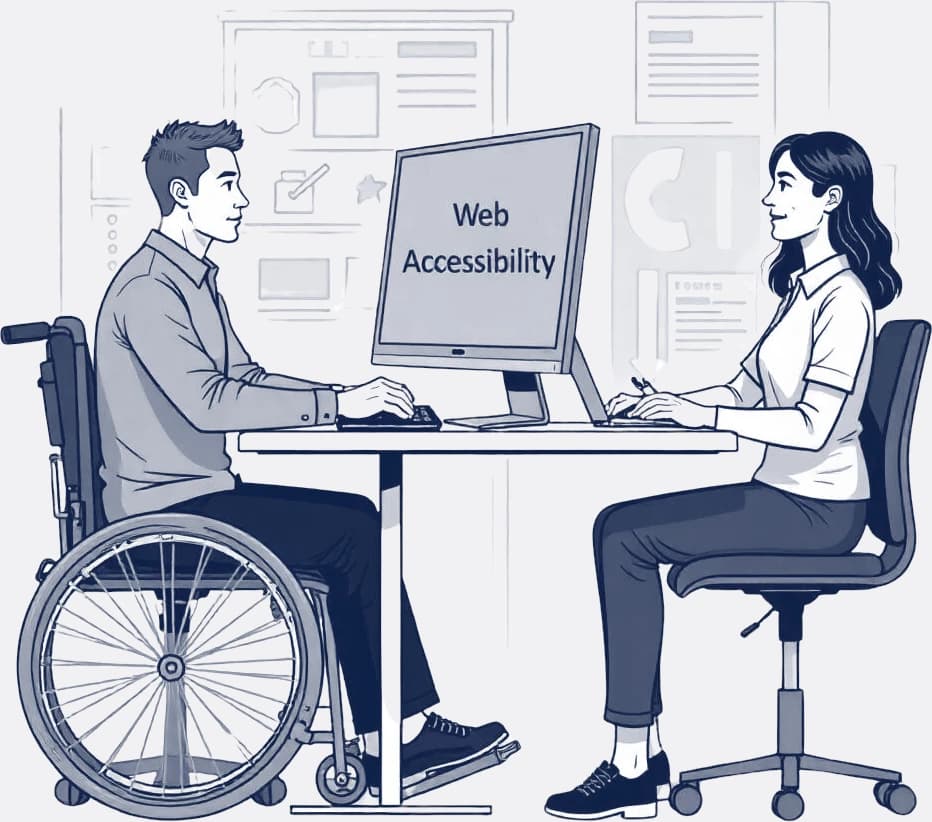 Two people in an office setting, where one is on a wheelchair using a computer and the other is sitting on the other side of the desk