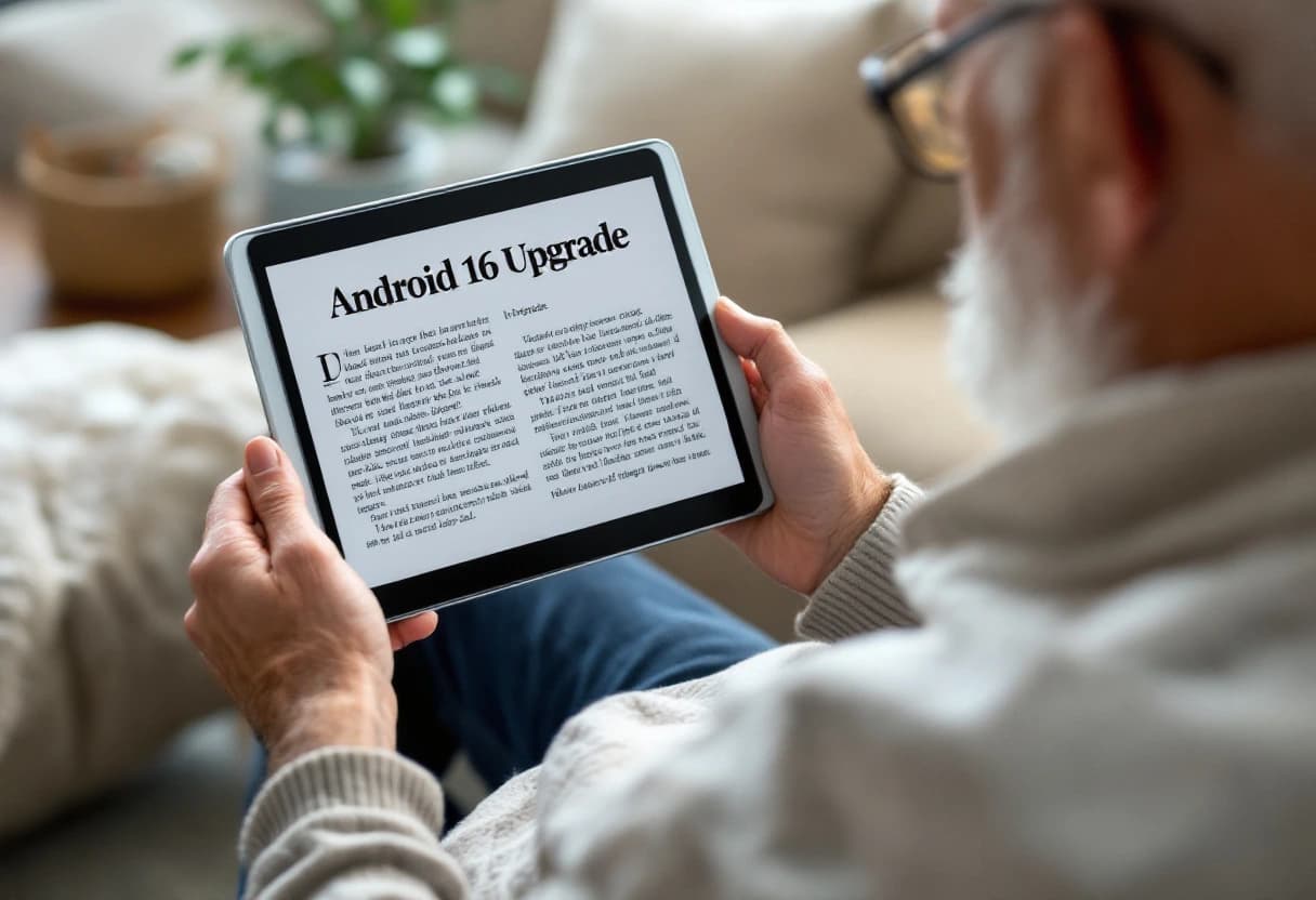 A grandpa looking at an article on his ipad with a headline 'Android 16 Upgrade'