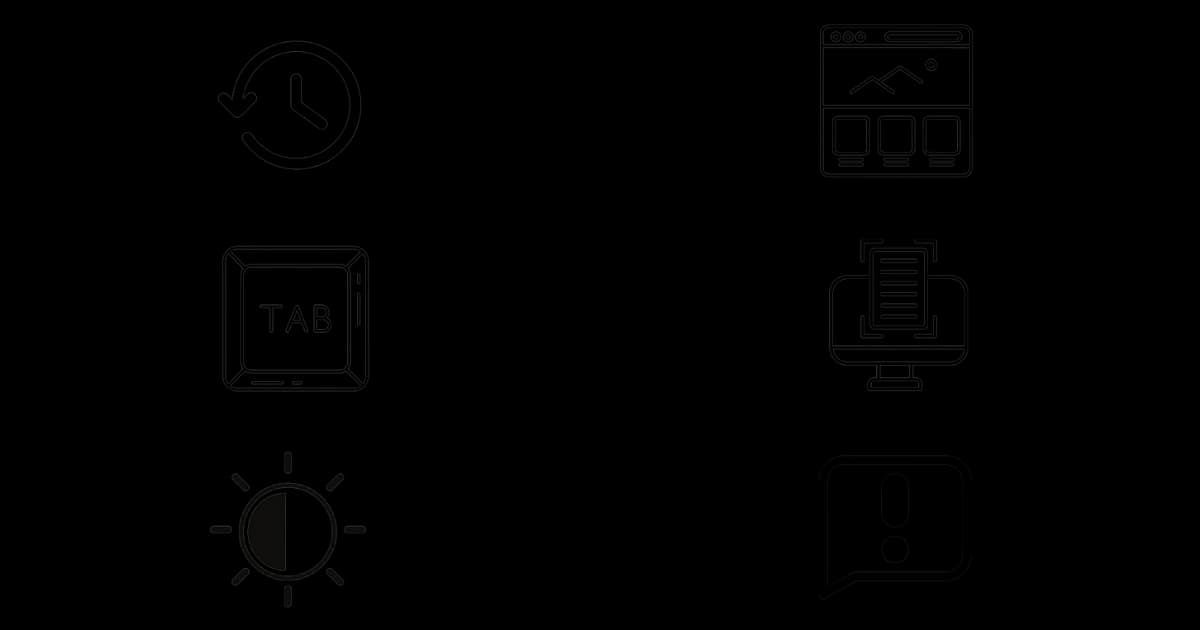 6 icons each representing a WCAG success criteria. Icon depicting a clock, icon showing clear layout, icon of a Tab key, icon featuring a document in front of a computer monitor, icon displaying a sun with contrasting black and white colors, and icon of an exclamation point icon inside a dialogue bubble.