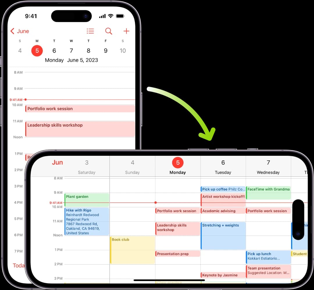 An illustration comparing a calendar application in portrait and landscape orientation