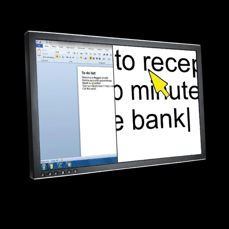 A computer monitor displaying large, magnified text on a word processing application.