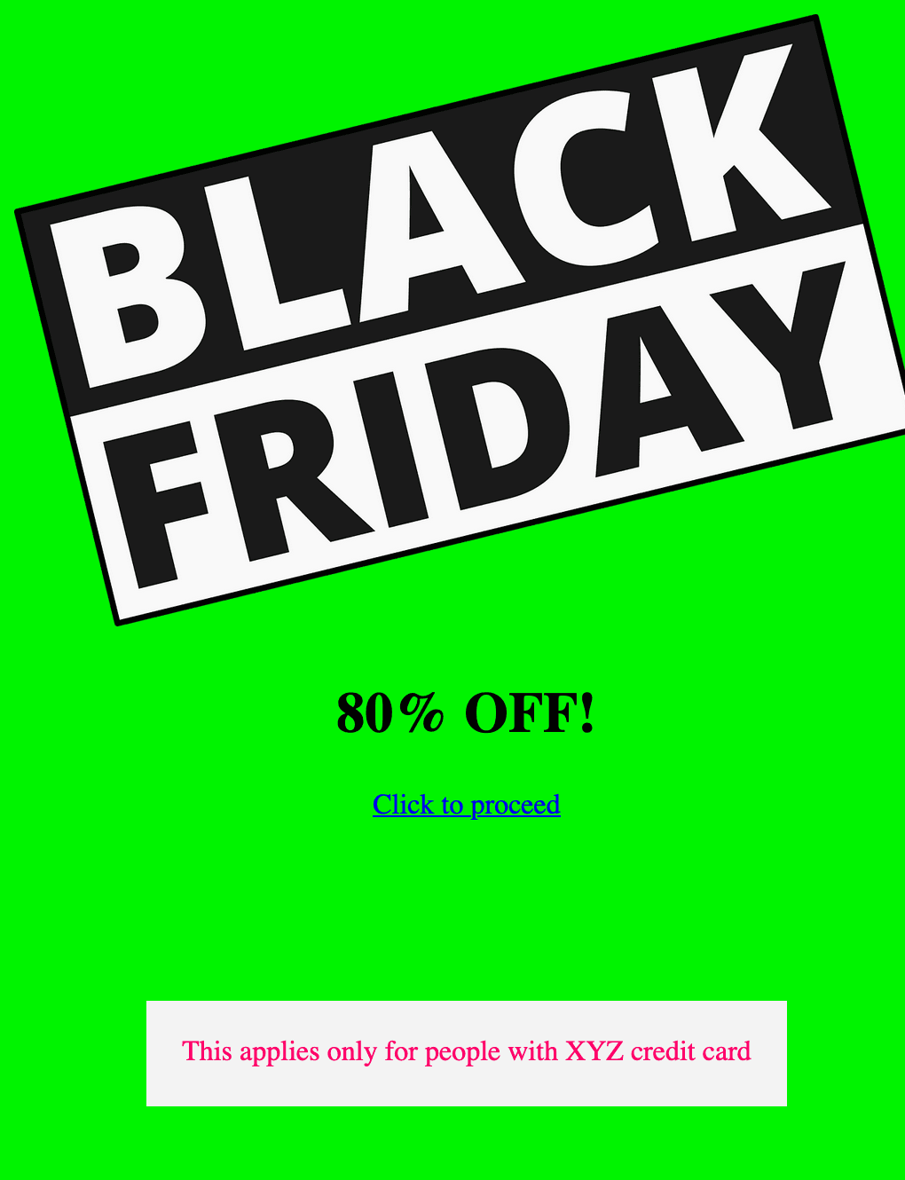 Example of an discount page in custom color mode, background is bright green but the text is not pink