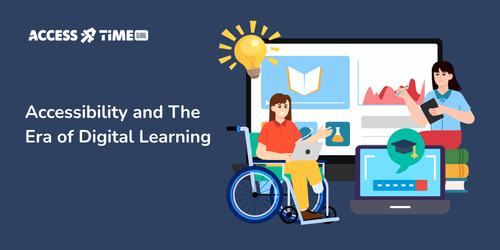 Illustration of students using accessible digital learning platforms, including a wheelchair user with a laptop and a teacher presenting on a screen.